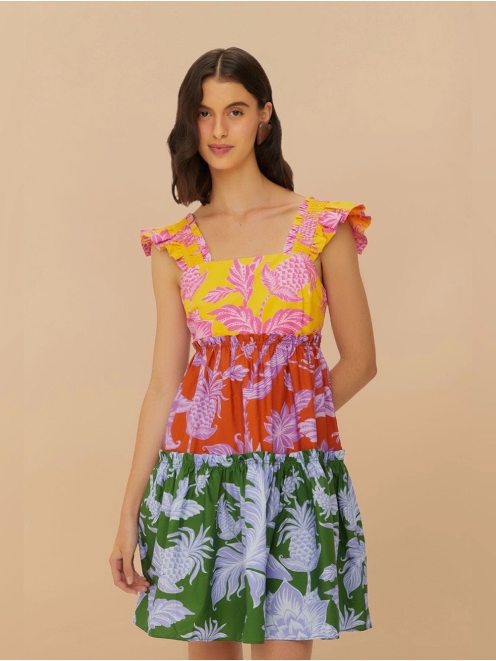 FARM Rio Yellow Pink Orange Green Tiered Mini Dress